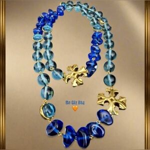 🆕 Tory Burch Roxanne Necklace Logo Long Semiprecious Stones Blue And Gold